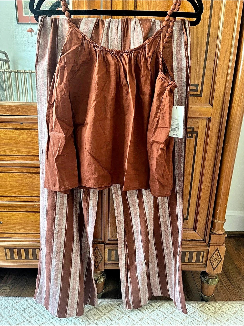 a new day Brown tank flowy blouse and matching striped brown pant set NWT